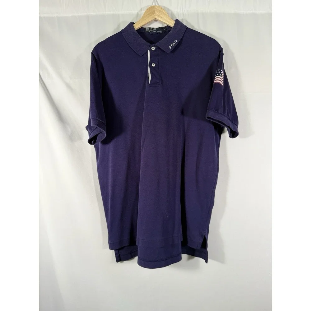 POLO Ralph Lauren Golf‎ Shirt Navy Blue w/ White Placket Flag Print on Arm Men L